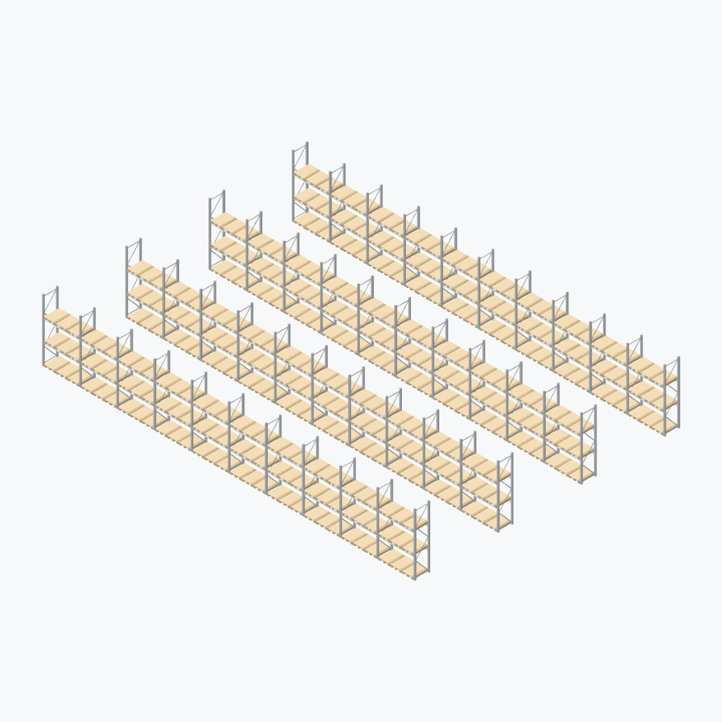 Schematic drawing BITO pallet racking: complete installation in rows, frames galvanised, beams white