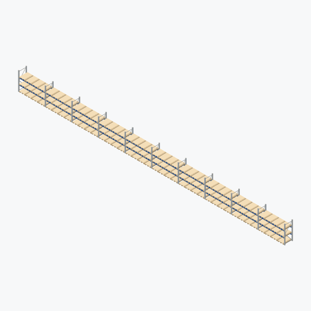 Schematic drawing BITO pallet racking: complete installation in rows, frames galvanised, beams blue
