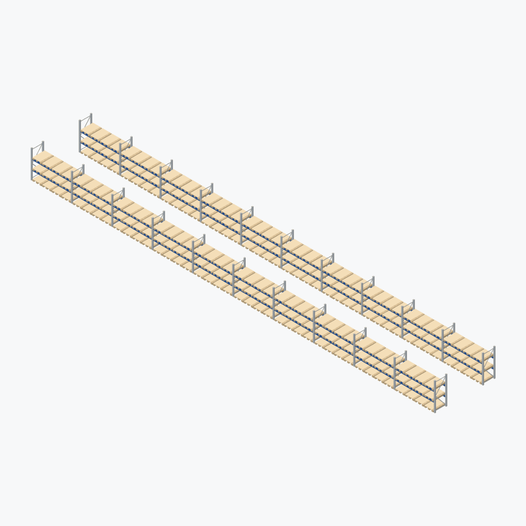 Schematic drawing BITO pallet racking: complete installation in rows, frames galvanised, beams blue