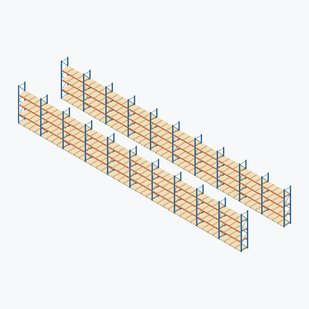 Schematic drawing Stow pallet racking: complete installation in rows, frames sky blue, beams orange