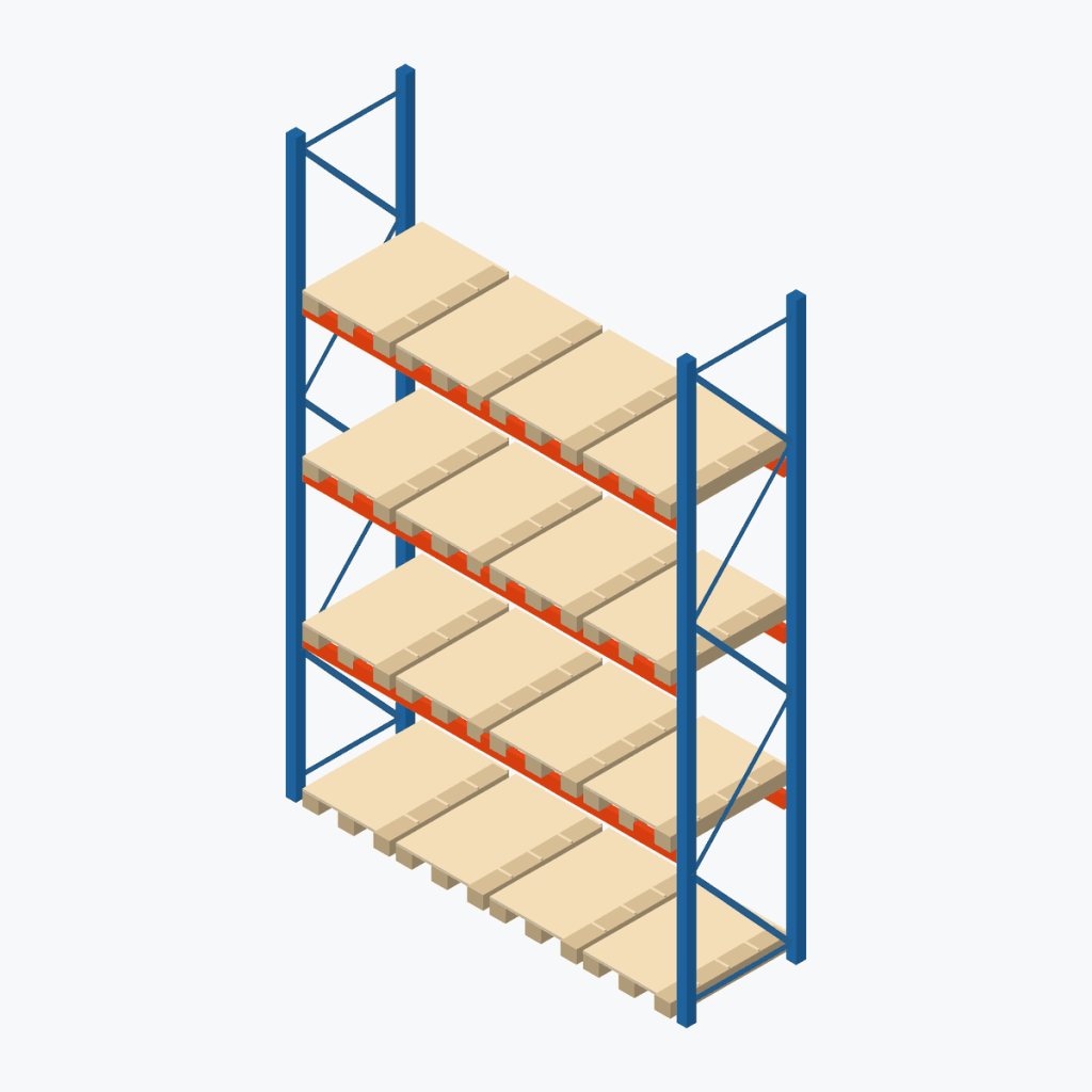 Schematic drawing Stow pallet racking: one bay with pallets, frames sky blue, beams orange
