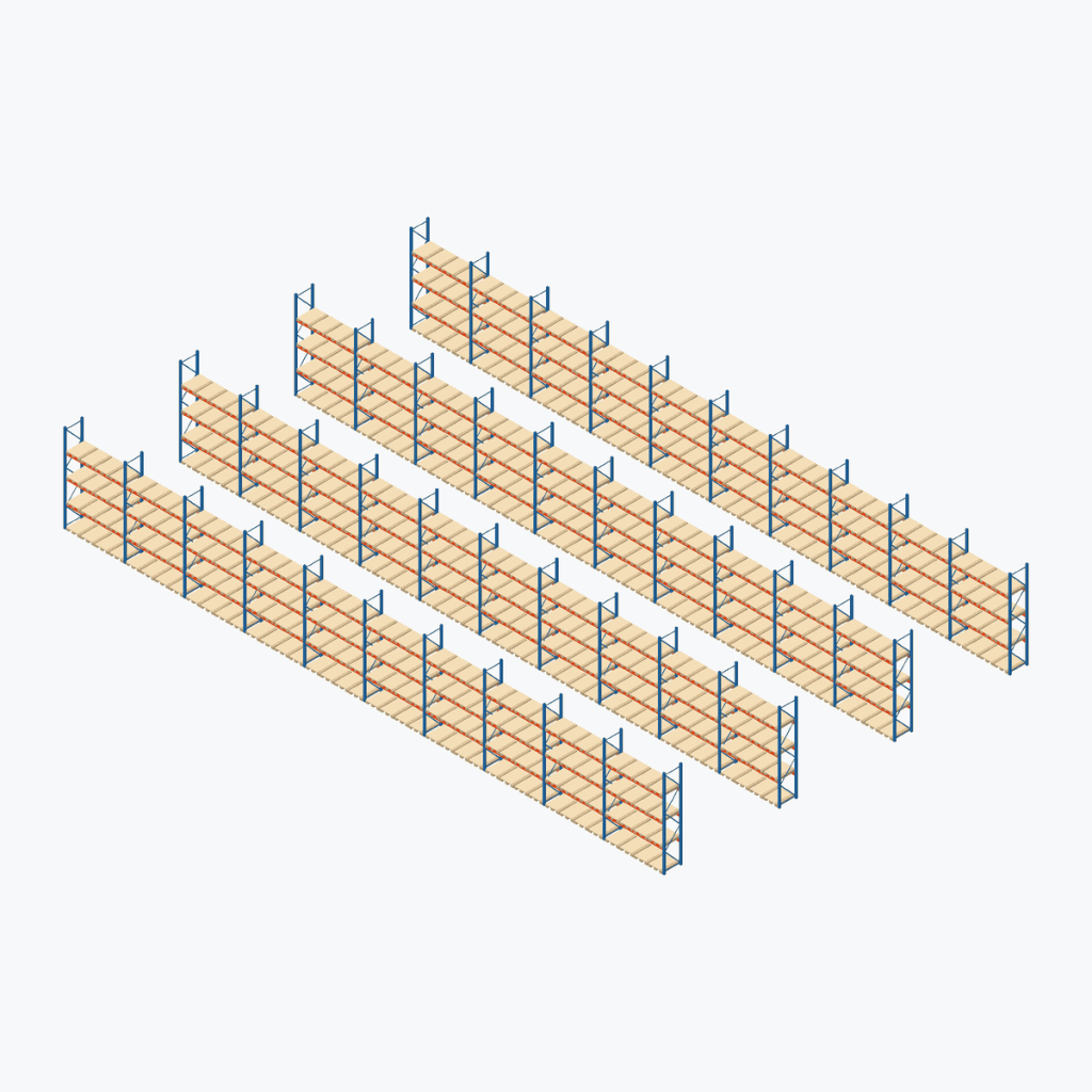 Schematic drawing Stow pallet racking: complete installation in rows, frames sky blue, beams orange