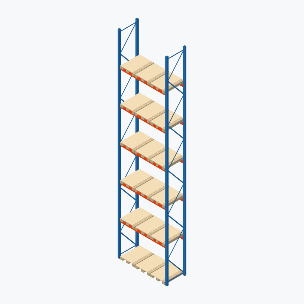 Schematic drawing Stow pallet racking: one bay of the installation with pallets, frames sky blue, beams orange