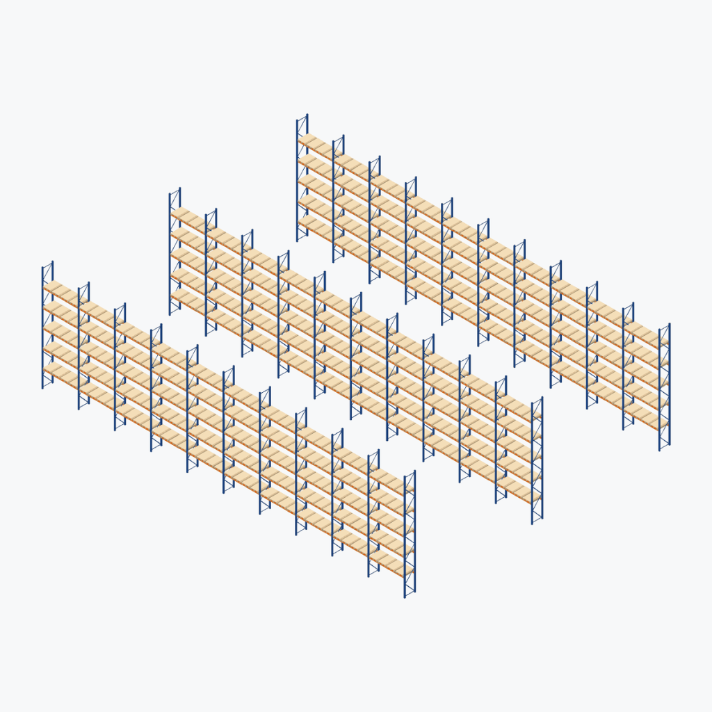 Schematic drawing Jungheinrich pallet racking: section of the installation, 3 of 10 rows, frames blue, beams orange