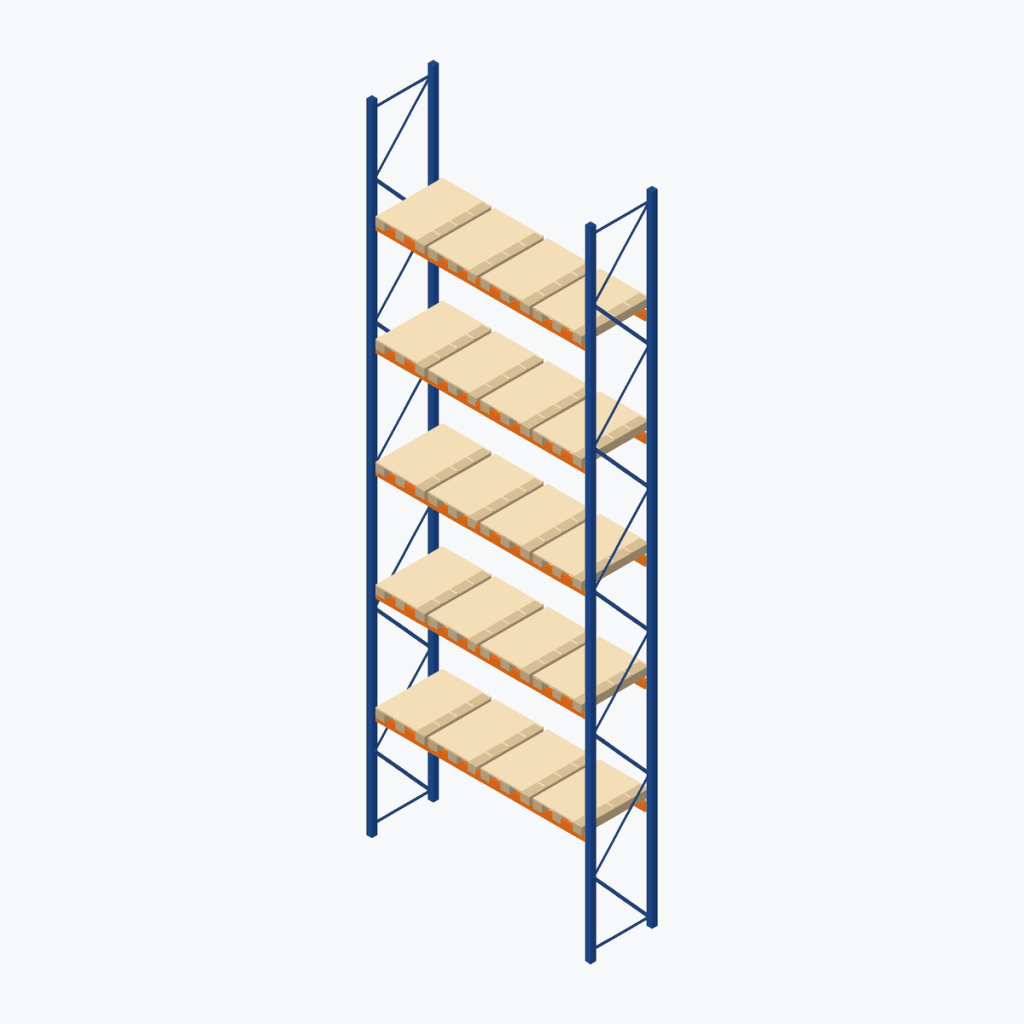 Schematic drawing Jungheinrich pallet racking: one bay of the installation with pallets, frames blue, beams orange