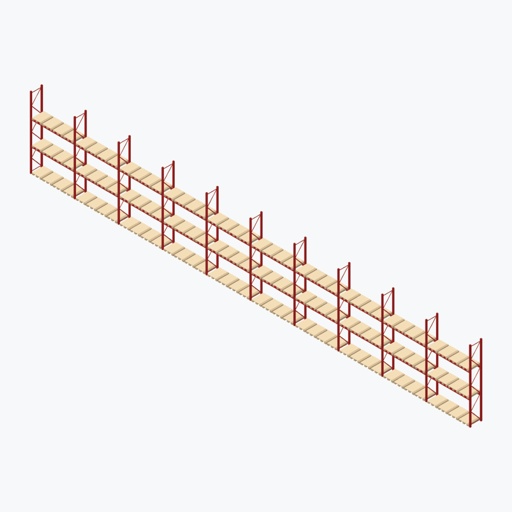 Schematic drawing OHRA pallet racking: complete installation in rows, frames red, beams red