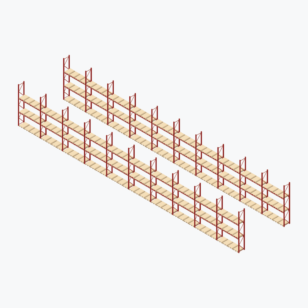 Schematic drawing OHRA pallet racking: complete installation in rows, frames red, beams red