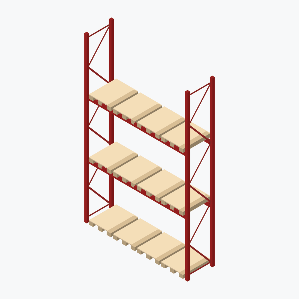 Schematic drawing OHRA pallet racking: one bay with pallets, frames red, beams red