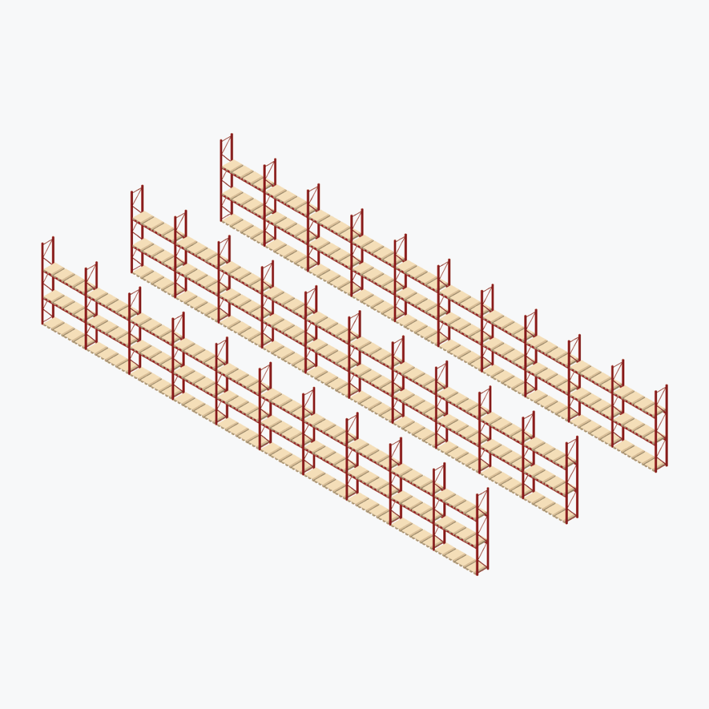 Schematic drawing OHRA pallet racking: complete installation in rows, frames red, beams red