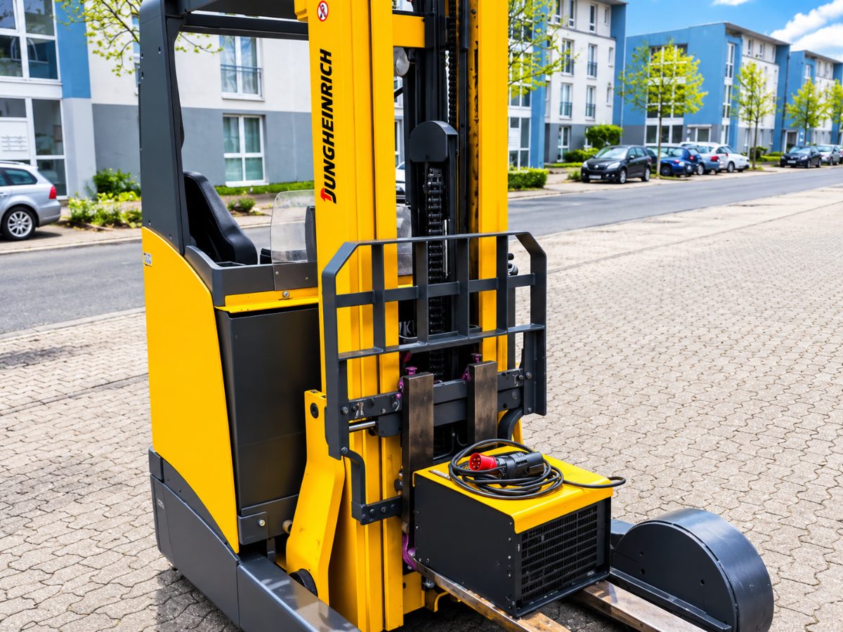Gebrauchter Schubmaststapler von Jungheinrich mit Ladegerät auf den Gabeln