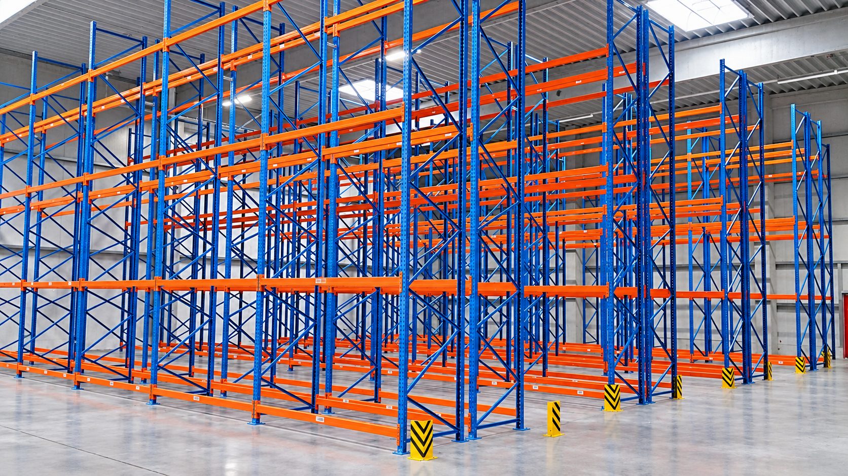 Palettenregalanlage mit blauen Rahmen, orangen Traversen und Anfahrschutz in einer Lagerhalle
