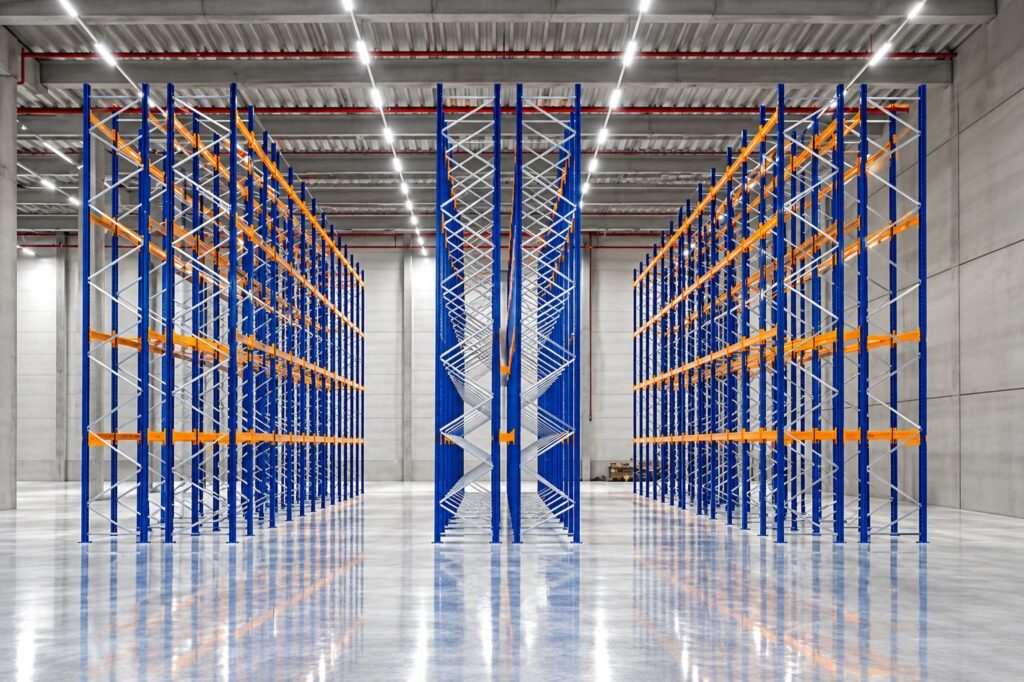 Leere Palettenregalanlage mit blauen Rahmen und orangen Traversen in einer neuen Lagerhalle